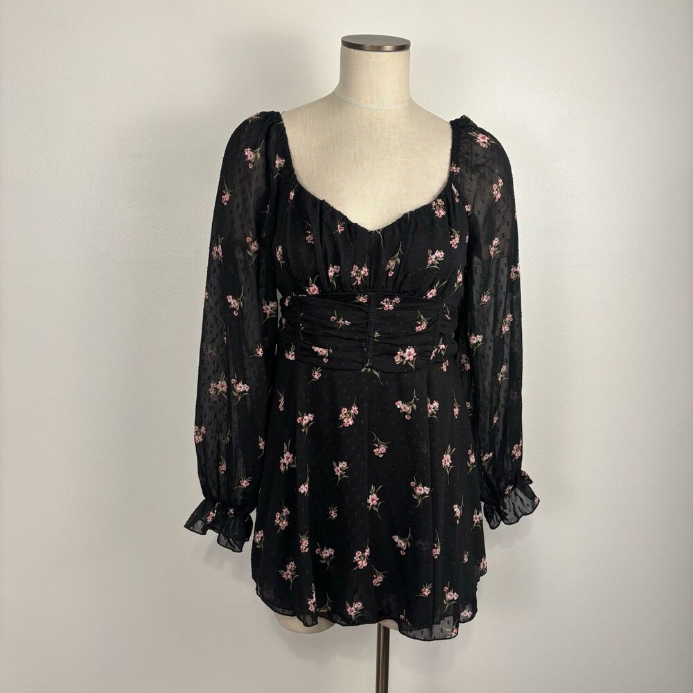 Thirty Thirty LA Womens XL Black Floral Swiss Dot Mini Dress Y2K Goth Whimsigoth
